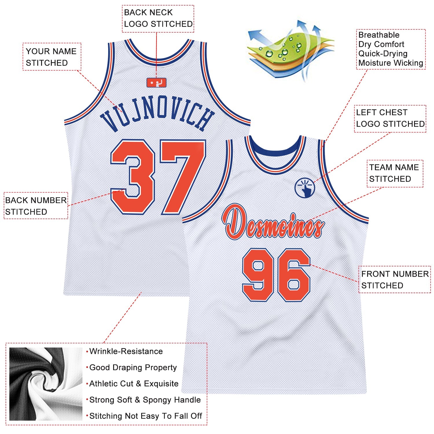 Custom White Orange-Royal Authentic Throwback Basketball Jersey - Sky-Custom