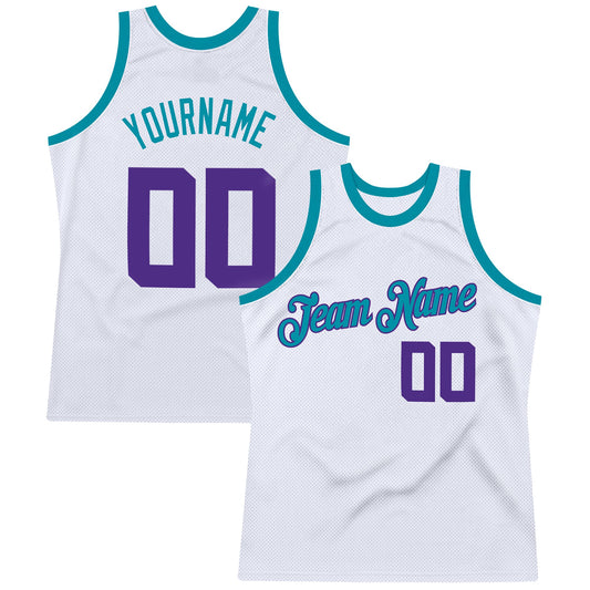 Custom White Purple-Teal Authentic Throwback Basketball Jersey - Sky-Custom