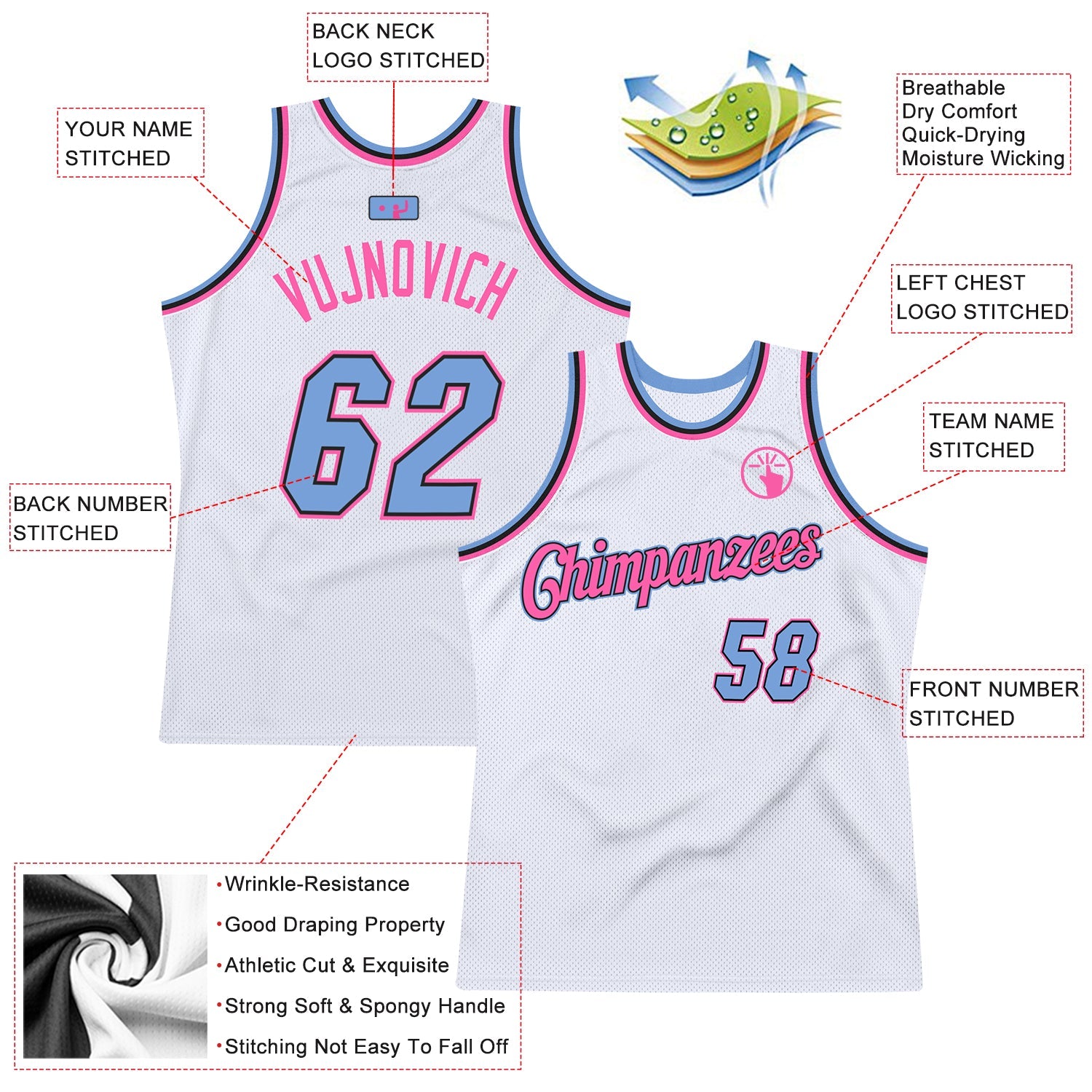 Custom White Light Blue-Pink Authentic Throwback Basketball Jersey - Sky-Custom