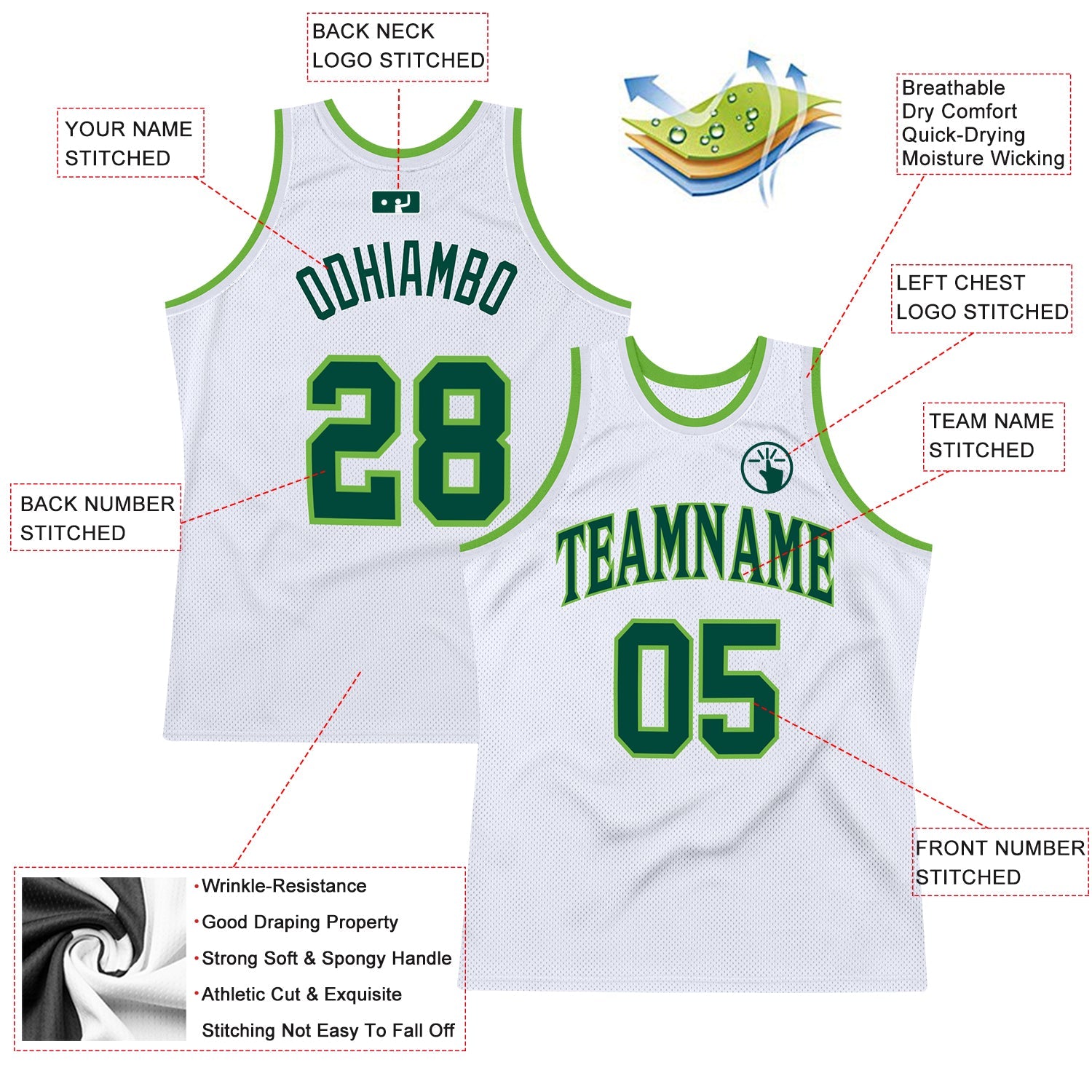 Custom White Hunter Green-Neon Green Authentic Throwback Basketball Jersey - Sky-Custom