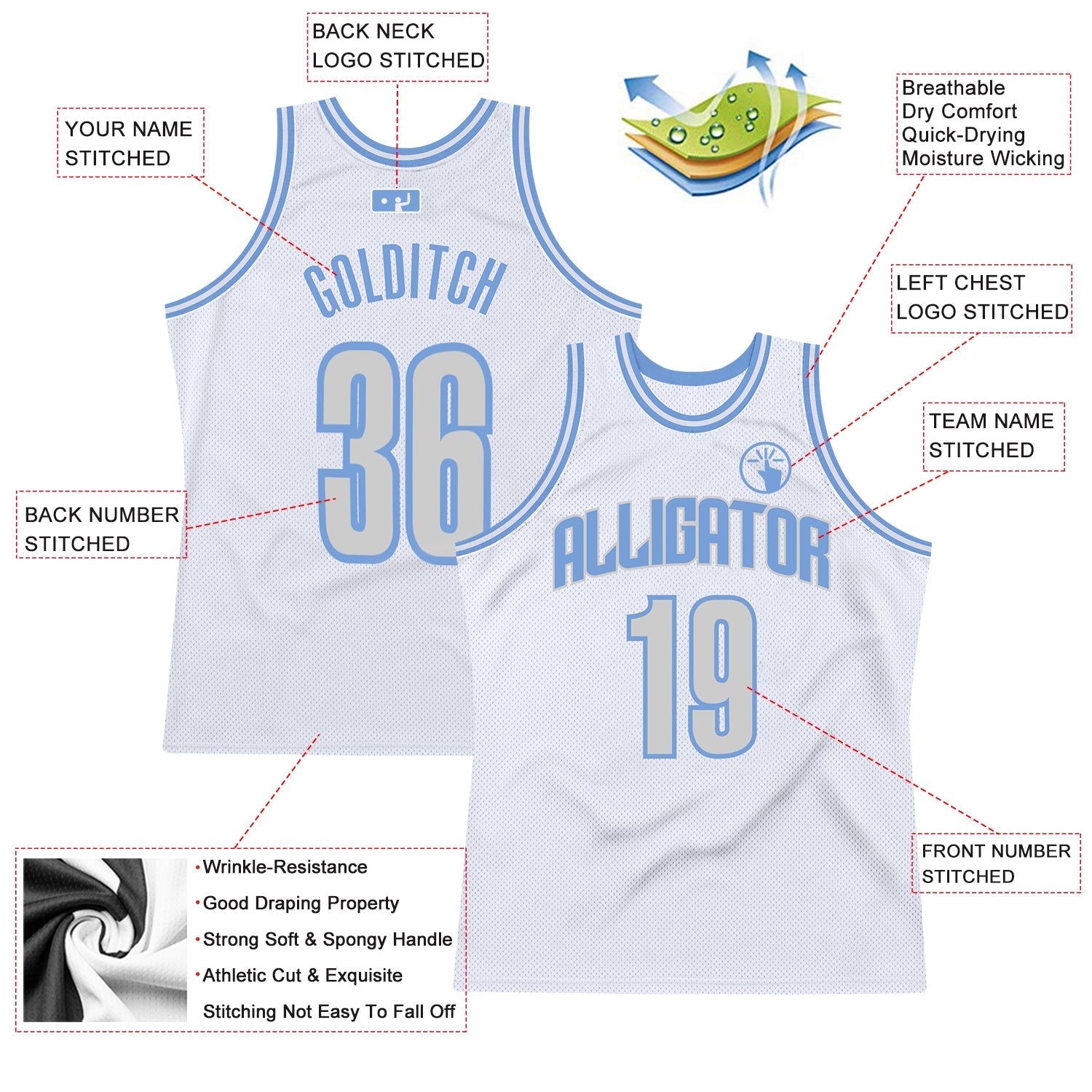Custom White Light Gray-Light Blue Authentic Throwback Basketball Jersey - Sky-Custom