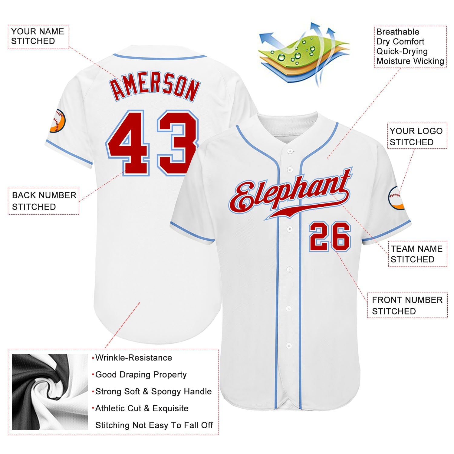 Custom White Red-Light Blue Authentic Baseball Jersey - Sky-Custom
