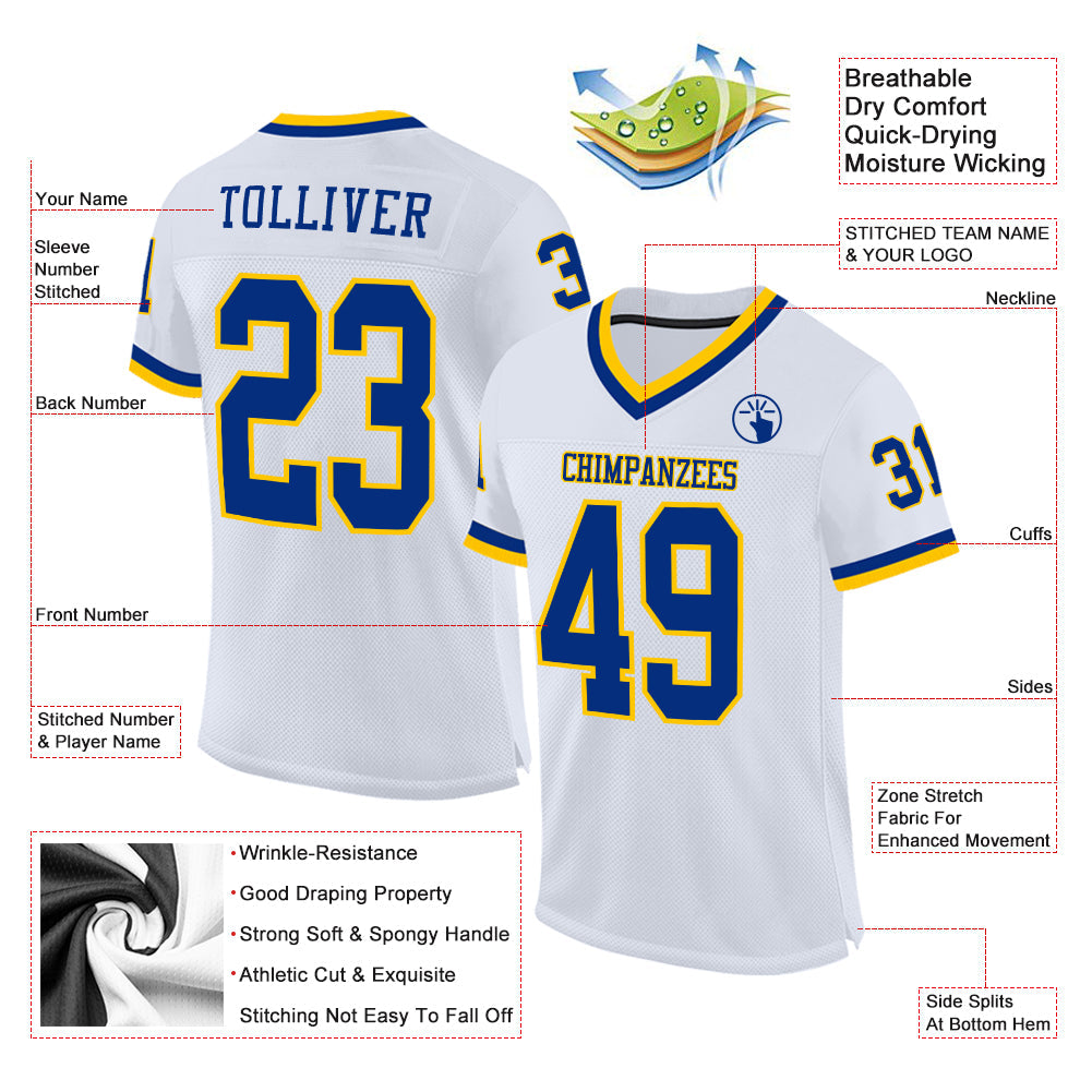 Custom White Royal-Gold Mesh Authentic Throwback Football Jersey - Sky-Custom