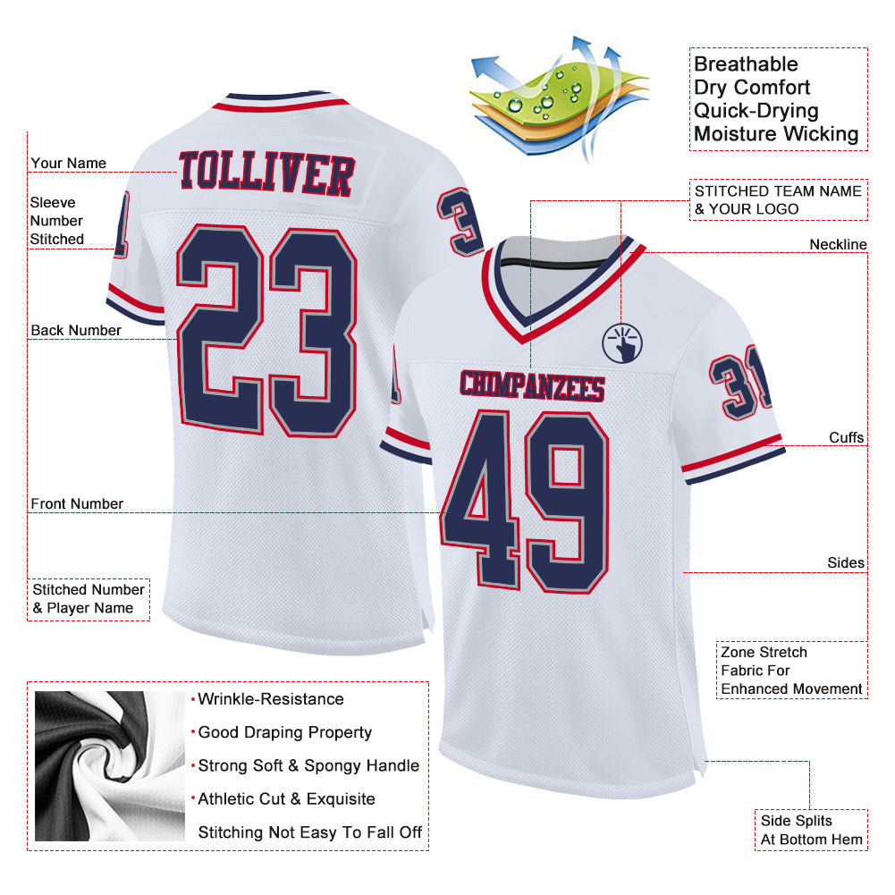 Custom White Navy-Red Mesh Authentic Throwback Football Jersey - Sky-Custom