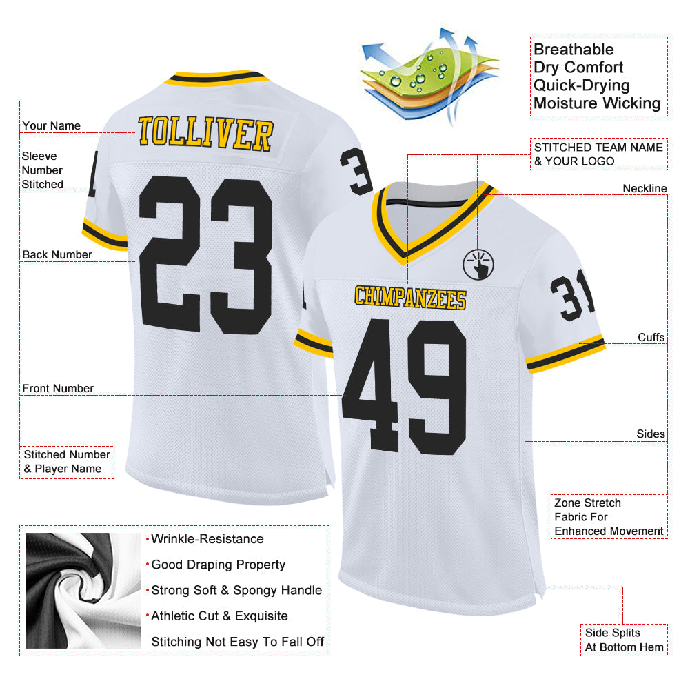 Custom White Black-Gold Mesh Authentic Throwback Football Jersey - Sky-Custom