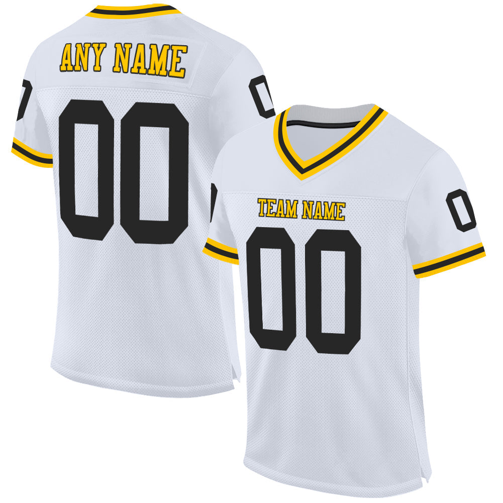 Custom White Black-Gold Mesh Authentic Throwback Football Jersey - Sky-Custom