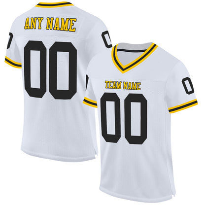 Custom White Black-Gold Mesh Authentic Throwback Football Jersey - Sky-Custom