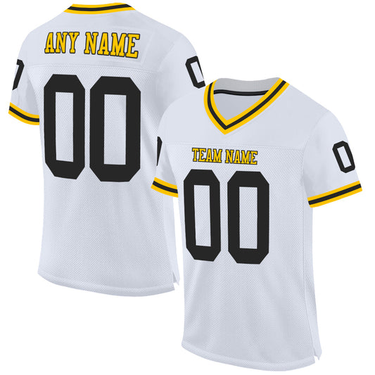 Custom White Black-Gold Mesh Authentic Throwback Football Jersey - Sky-Custom