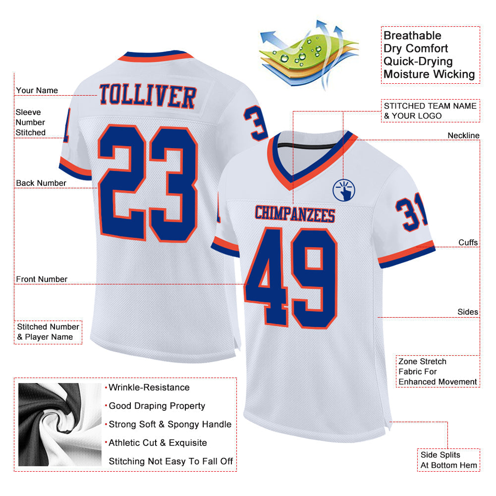 Custom White Royal-Orange Mesh Authentic Throwback Football Jersey - Sky-Custom