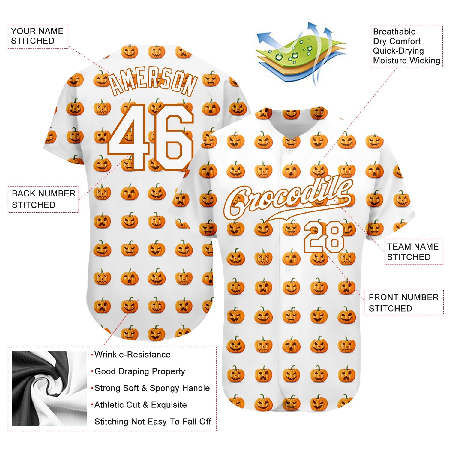 Custom White White-Texas Orange 3D Pattern Design Halloween Pumpkins Funny Faces Authentic Baseball Jersey - Sky-Custom