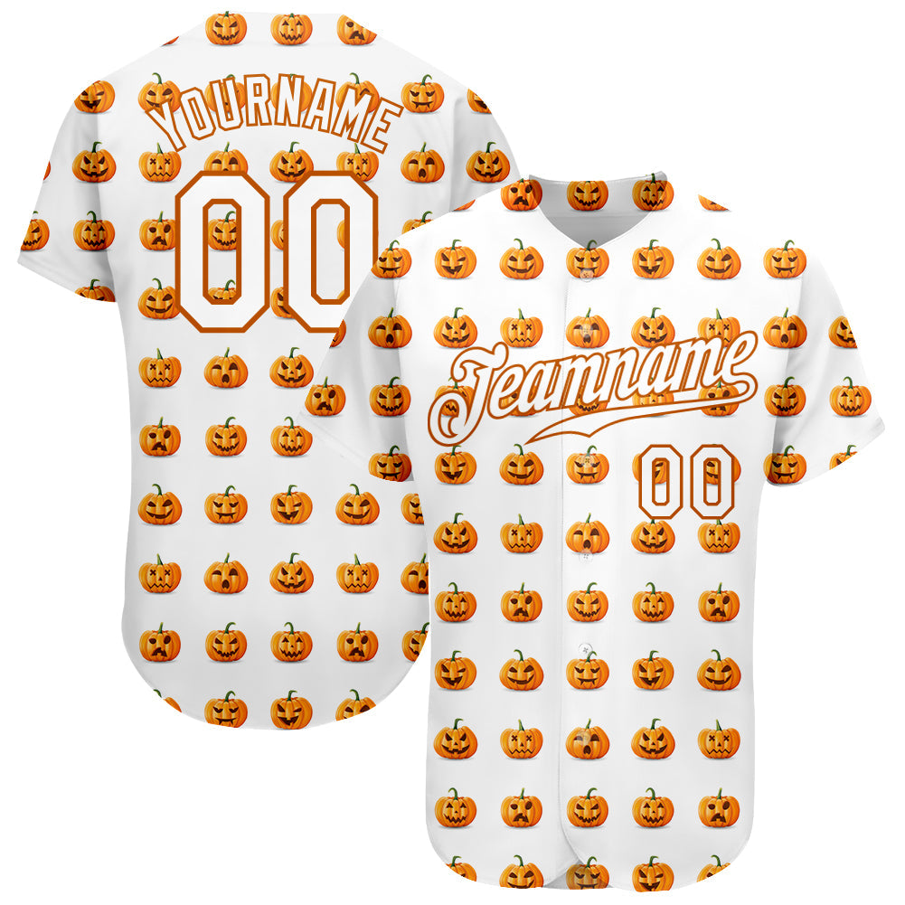 Custom White White-Texas Orange 3D Pattern Design Halloween Pumpkins Funny Faces Authentic Baseball Jersey - Sky-Custom
