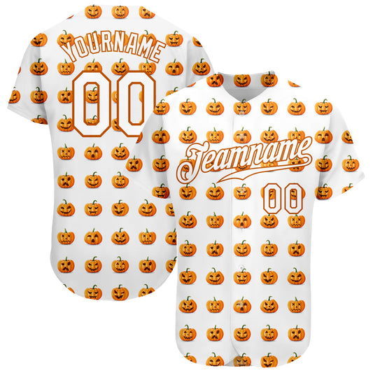 Custom White White-Texas Orange 3D Pattern Design Halloween Pumpkins Funny Faces Authentic Baseball Jersey - Sky-Custom