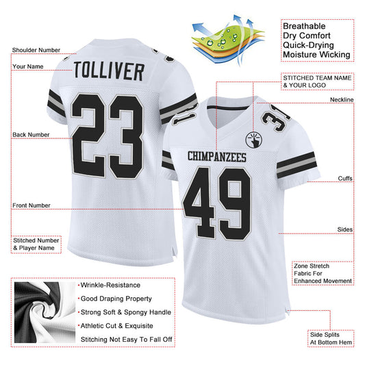 Custom White Black-Gray Mesh Authentic Football Jersey - Sky-Custom