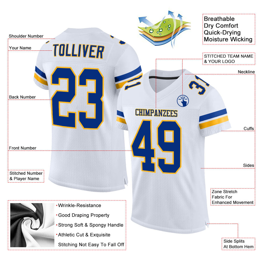 Custom White Royal-Gold Mesh Authentic Football Jersey - Sky-Custom