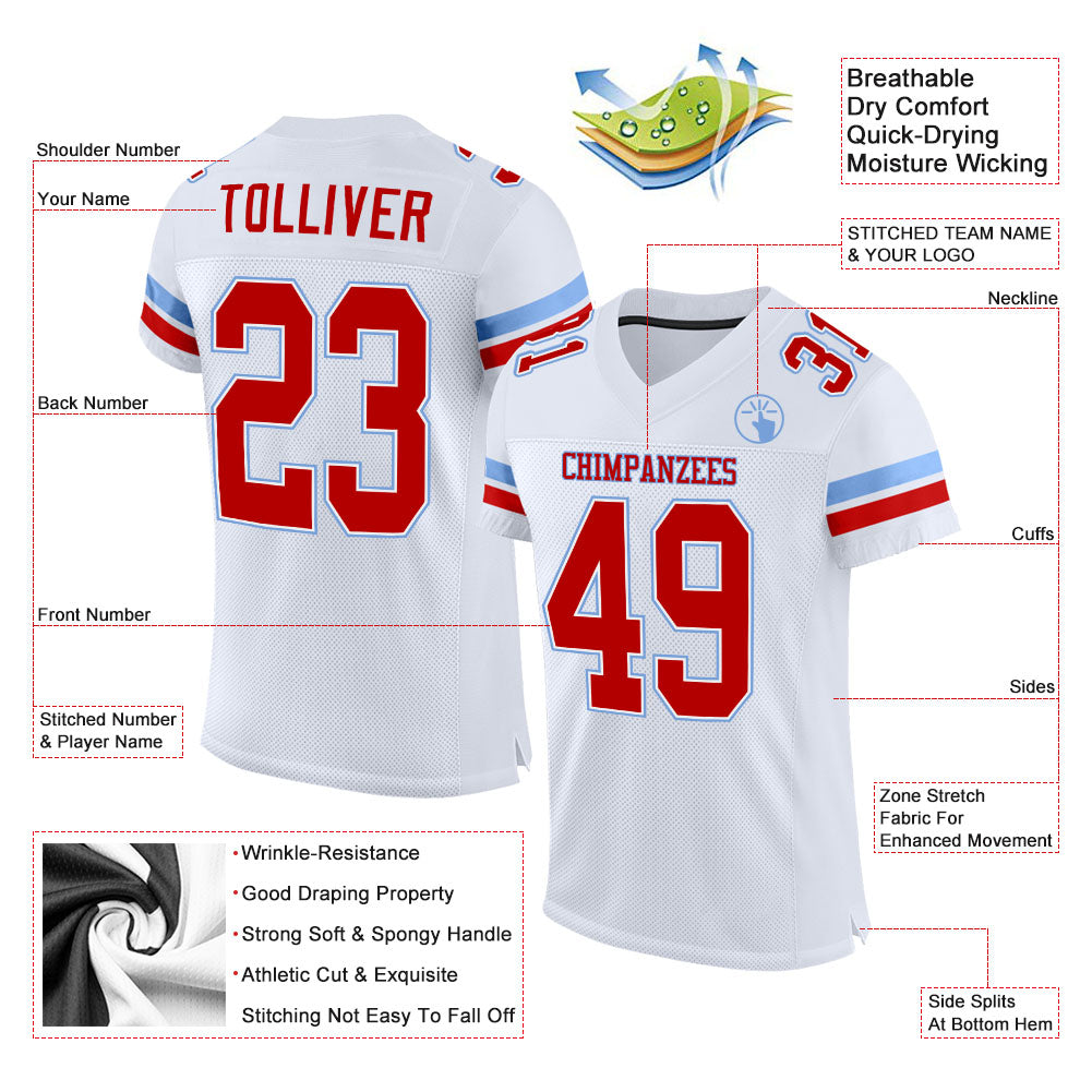 Custom White Red-Light Blue Mesh Authentic Football Jersey - Sky-Custom