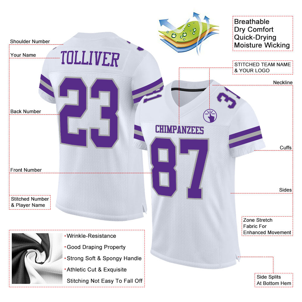 Custom White Purple-Gray Mesh Authentic Football Jersey - Sky-Custom