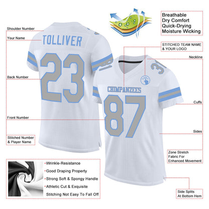 Custom White Gray-Light Blue Mesh Authentic Football Jersey - Sky-Custom