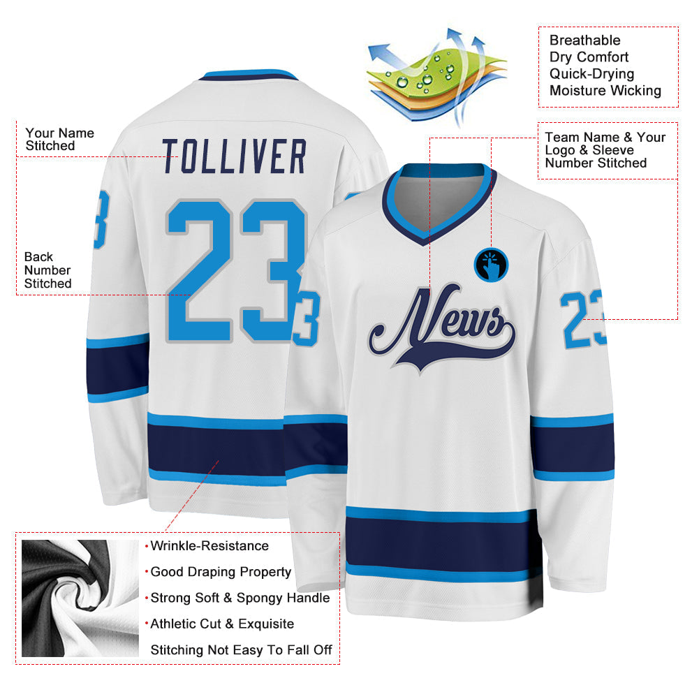 Custom White Blue-Navy Hockey Jersey - Sky-Custom
