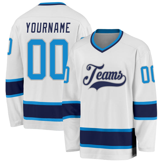 Custom White Blue-Navy Hockey Jersey - Sky-Custom