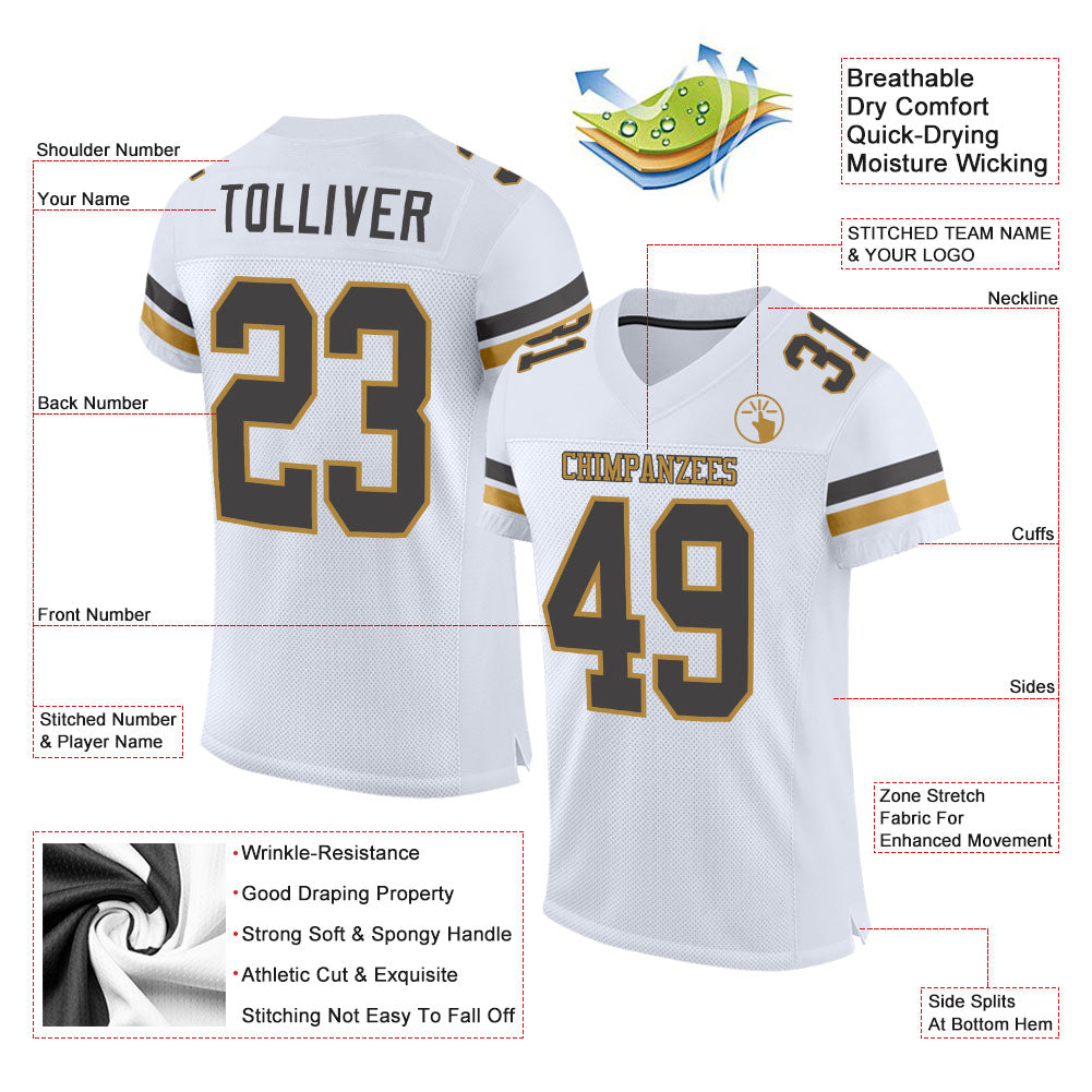Custom White Steel Gray-Old Gold Mesh Authentic Football Jersey - Sky-Custom