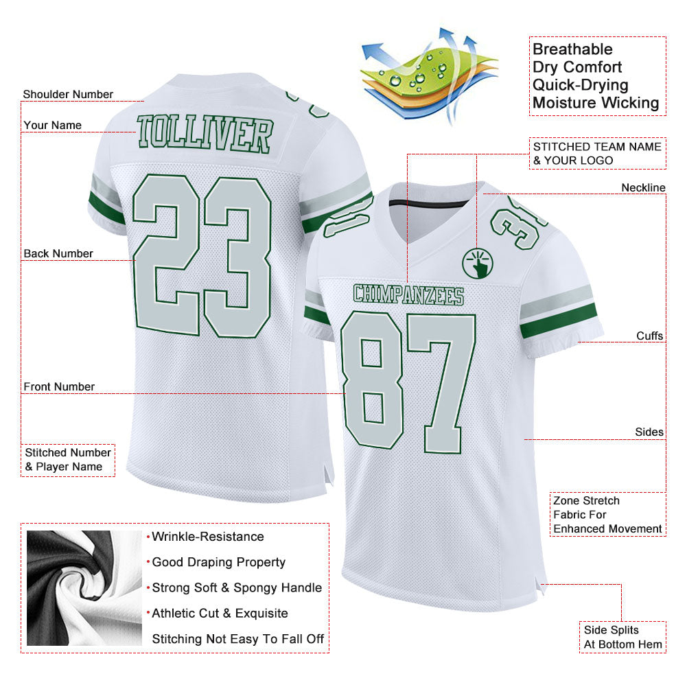 Custom White Silver-Green Mesh Authentic Football Jersey - Sky-Custom