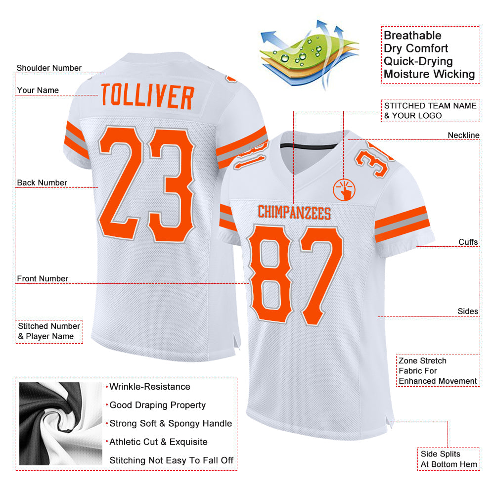 Custom White Orange-Gray Mesh Authentic Football Jersey - Sky-Custom
