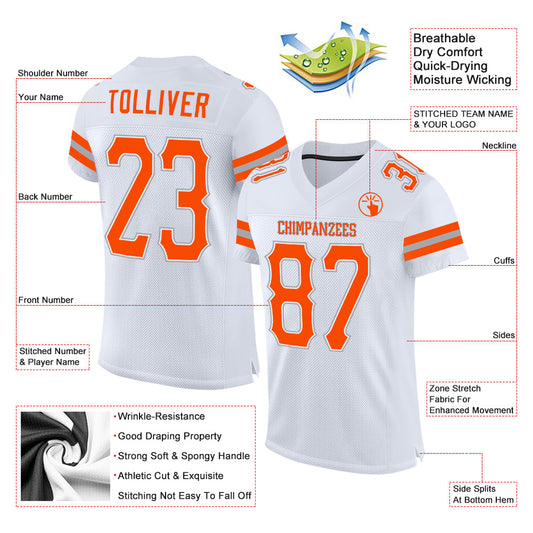 Custom White Orange-Gray Mesh Authentic Football Jersey - Sky-Custom