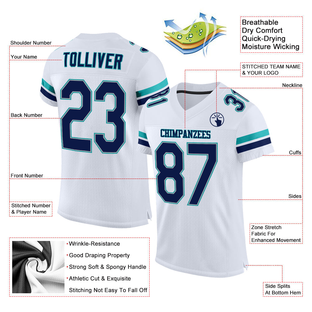 Custom White Navy-Aqua Mesh Authentic Football Jersey - Sky-Custom