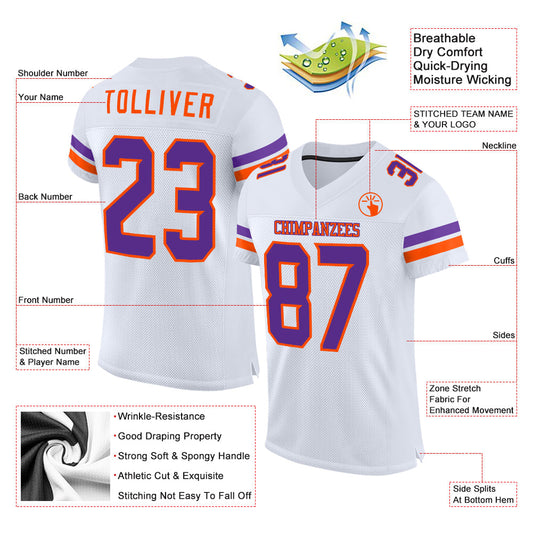 Custom White Purple-Orange Mesh Authentic Football Jersey - Sky-Custom