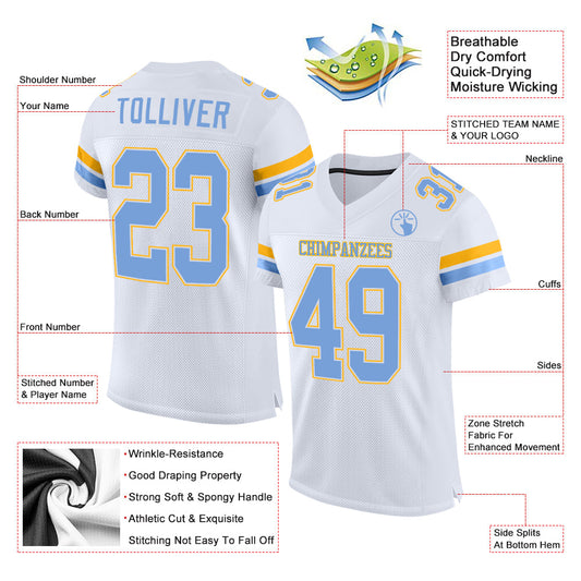 Custom White Light Blue-Gold Mesh Authentic Football Jersey - Sky-Custom