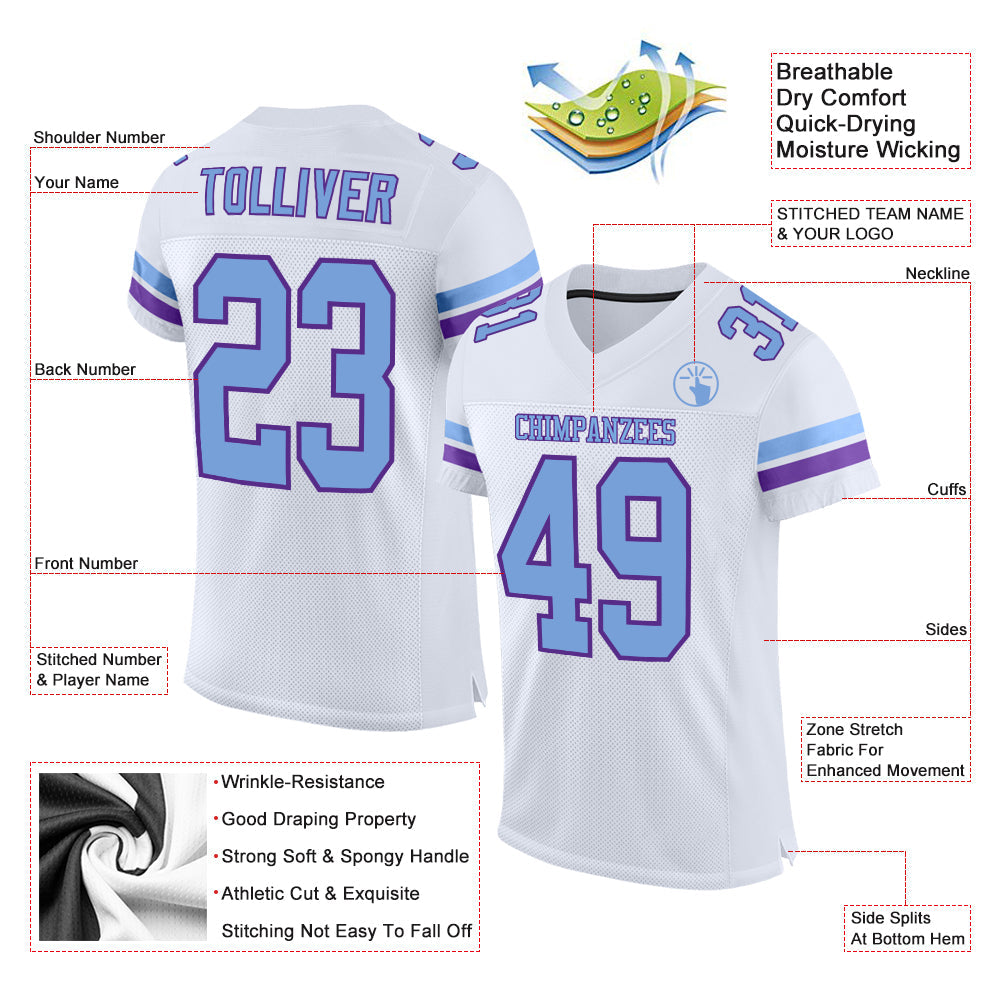 Custom White Light Blue-Purple Mesh Authentic Football Jersey - Sky-Custom