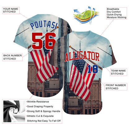 Custom White Red-Royal 3D American Flag Fashion Authentic Baseball Jersey - Sky-Custom