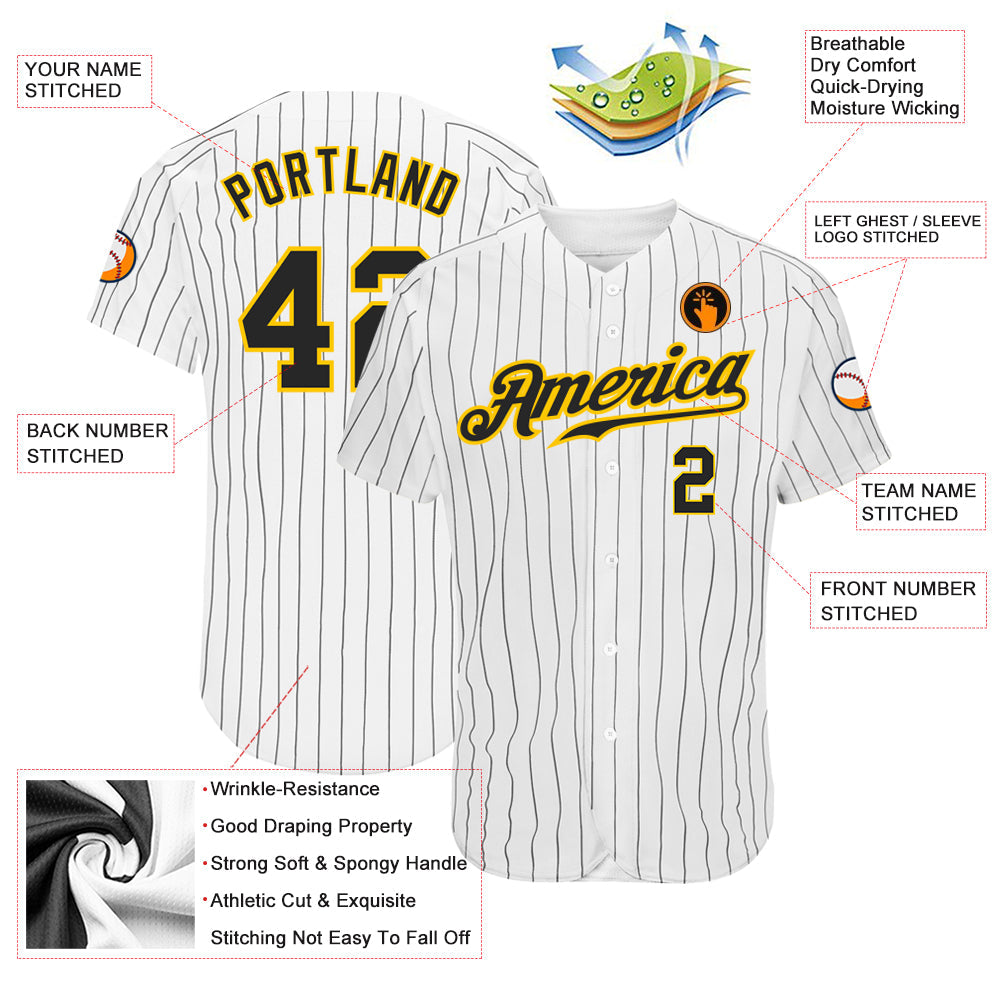 Custom White Black Pinstripe Black-Gold Authentic Baseball Jersey - Sky-Custom
