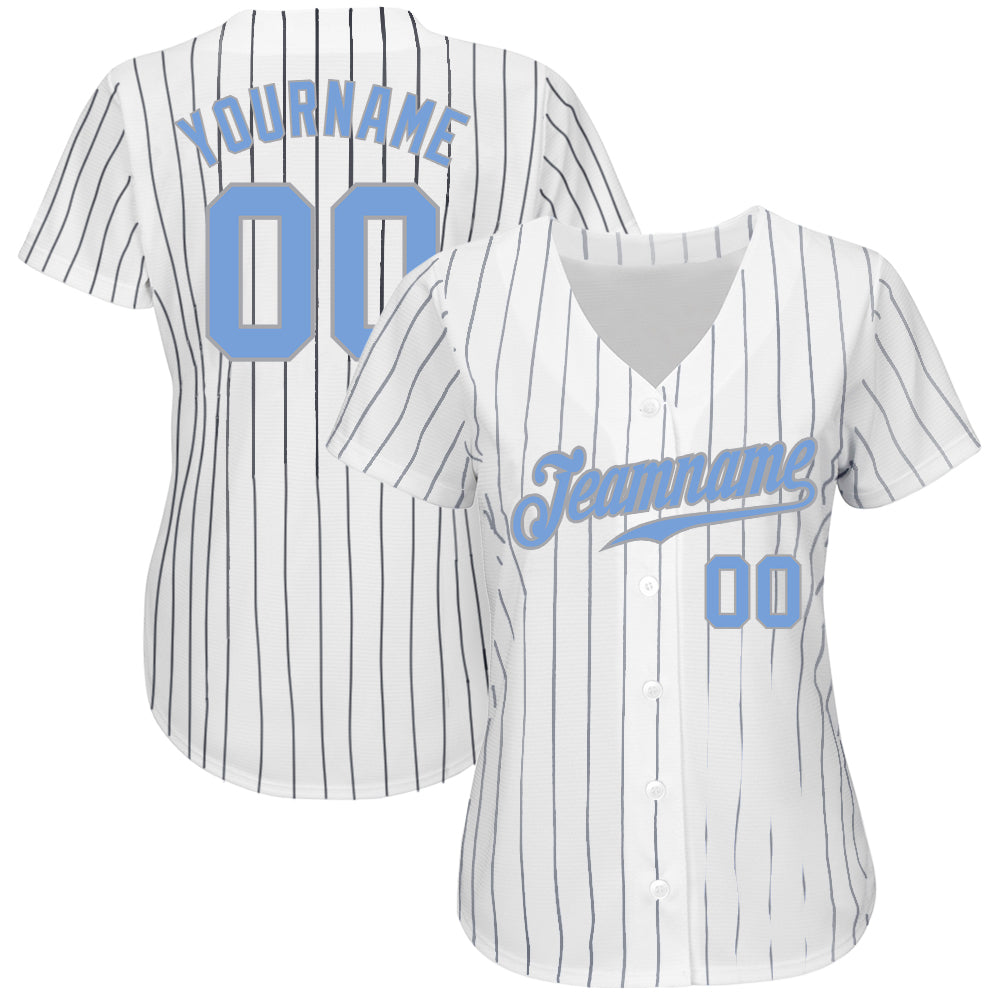 Custom White Navy Pinstripe Light Blue-Gray Authentic Baseball Jersey - Sky-Custom