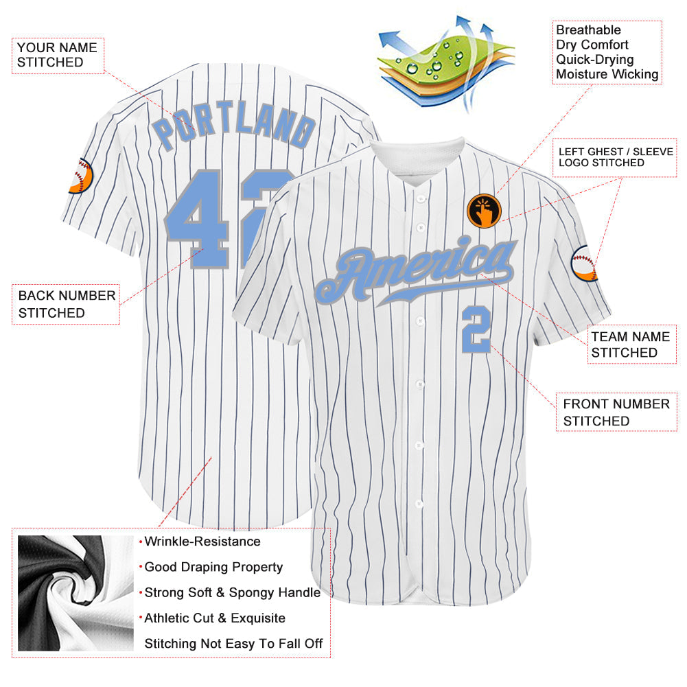 Custom White Navy Pinstripe Light Blue-Gray Authentic Baseball Jersey - Sky-Custom