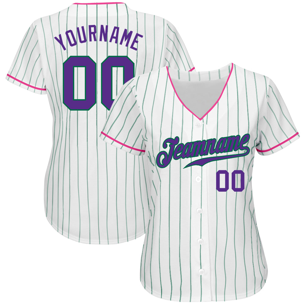 Custom White Kelly Green Pinstripe Purple-Pink Authentic Baseball Jersey - Sky-Custom