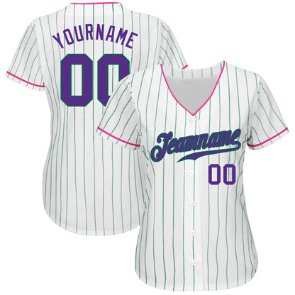 Custom White Kelly Green Pinstripe Purple-Pink Authentic Baseball Jersey - Sky-Custom