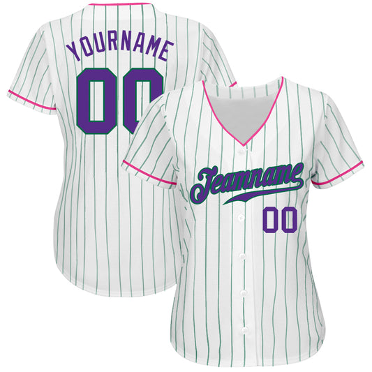 Custom White Kelly Green Pinstripe Purple-Pink Authentic Baseball Jersey - Sky-Custom