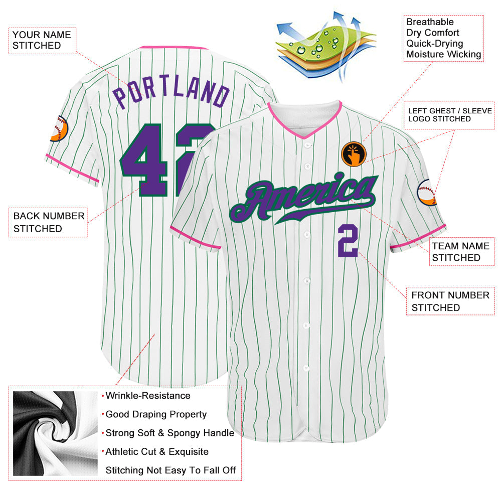 Custom White Kelly Green Pinstripe Purple-Pink Authentic Baseball Jersey - Sky-Custom
