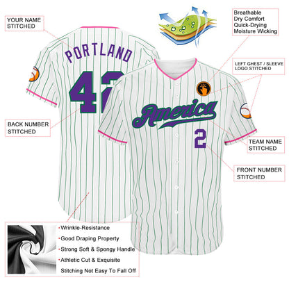 Custom White Kelly Green Pinstripe Purple-Pink Authentic Baseball Jersey - Sky-Custom