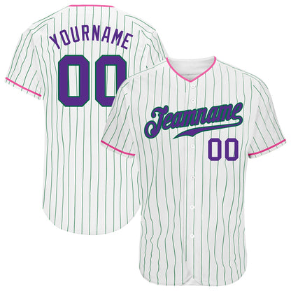 Custom White Kelly Green Pinstripe Purple-Pink Authentic Baseball Jersey - Sky-Custom