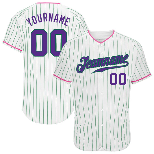 Custom White Kelly Green Pinstripe Purple-Pink Authentic Baseball Jersey - Sky-Custom
