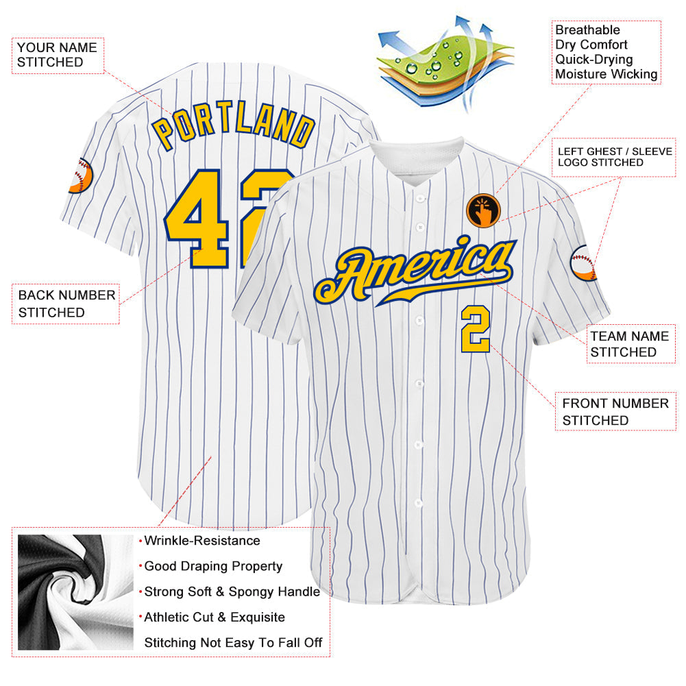 Custom White Royal Pinstripe Gold-Royal Authentic Baseball Jersey - Sky-Custom