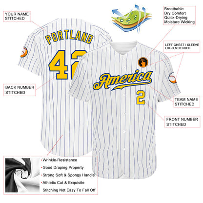 Custom White Royal Pinstripe Gold-Royal Authentic Baseball Jersey - Sky-Custom