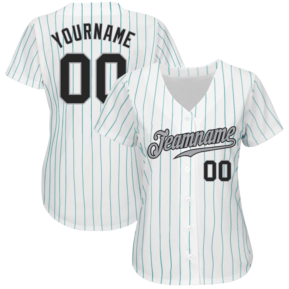 Custom White Teal Pinstripe Black-Gray Authentic Baseball Jersey - Sky-Custom
