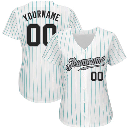 Custom White Teal Pinstripe Black-Gray Authentic Baseball Jersey - Sky-Custom