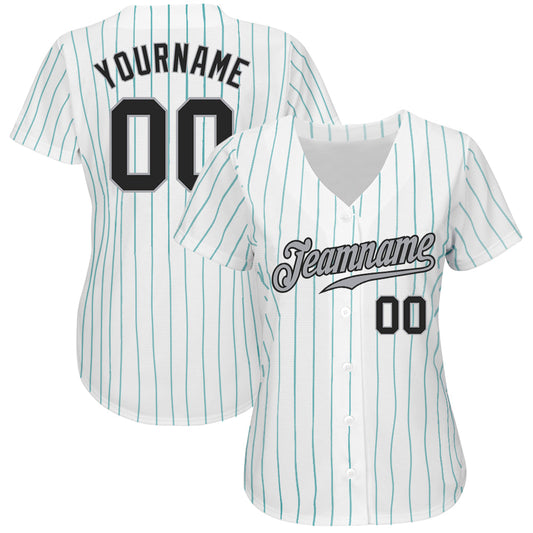 Custom White Teal Pinstripe Black-Gray Authentic Baseball Jersey - Sky-Custom