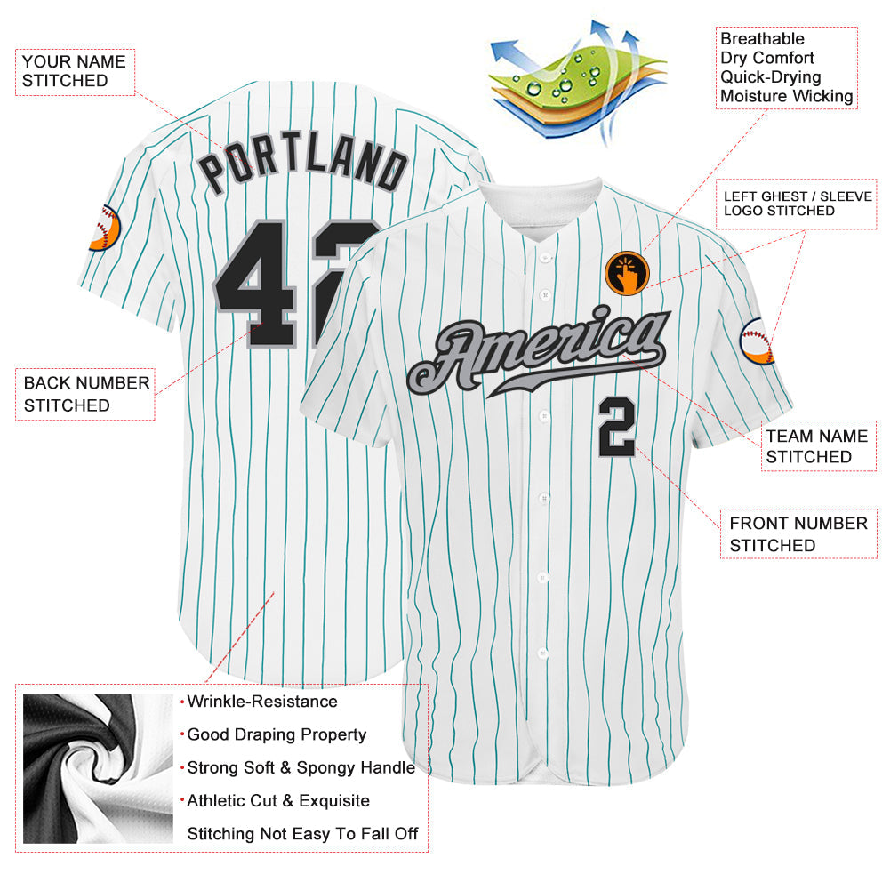 Custom White Teal Pinstripe Black-Gray Authentic Baseball Jersey - Sky-Custom
