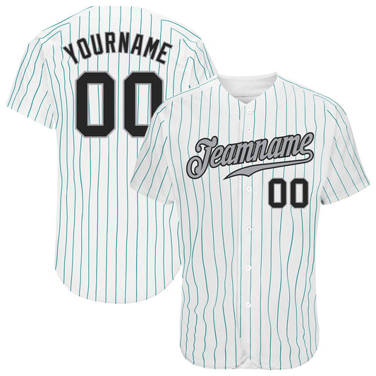 Custom White Teal Pinstripe Black-Gray Authentic Baseball Jersey - Sky-Custom