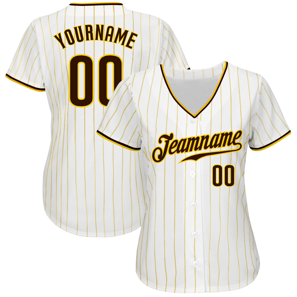 Custom White Gold Pinstripe Brown-Gold Authentic Baseball Jersey - Sky-Custom
